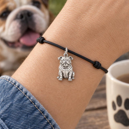 Signature Expression of Bulldog Charm Bracelet – Personalized Dog Mom Gift – worn on the wrist on a black cord bracelet