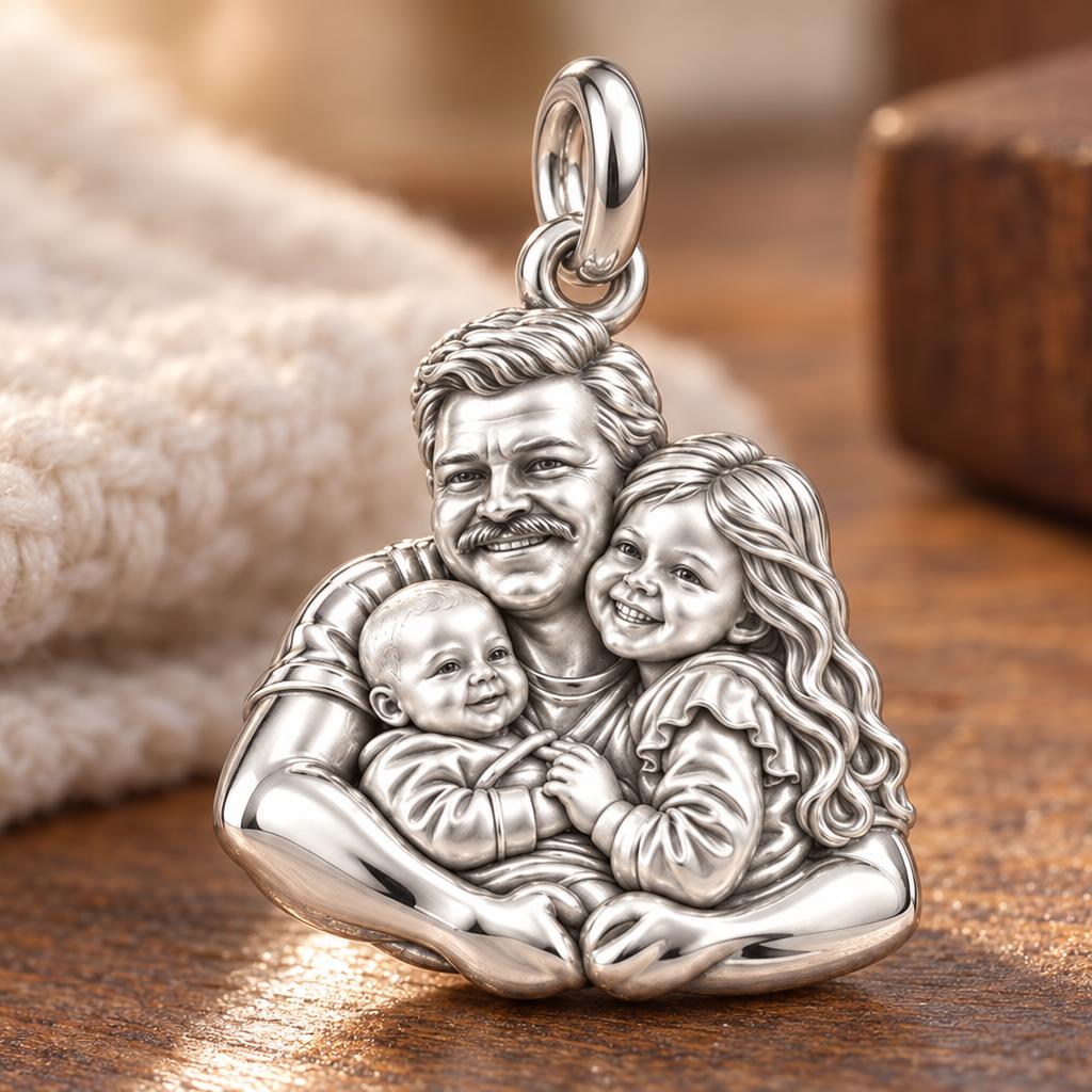 Silver Family Embrace Charm Bracelet – Personalized Dad Gift – macro detail of the charm
