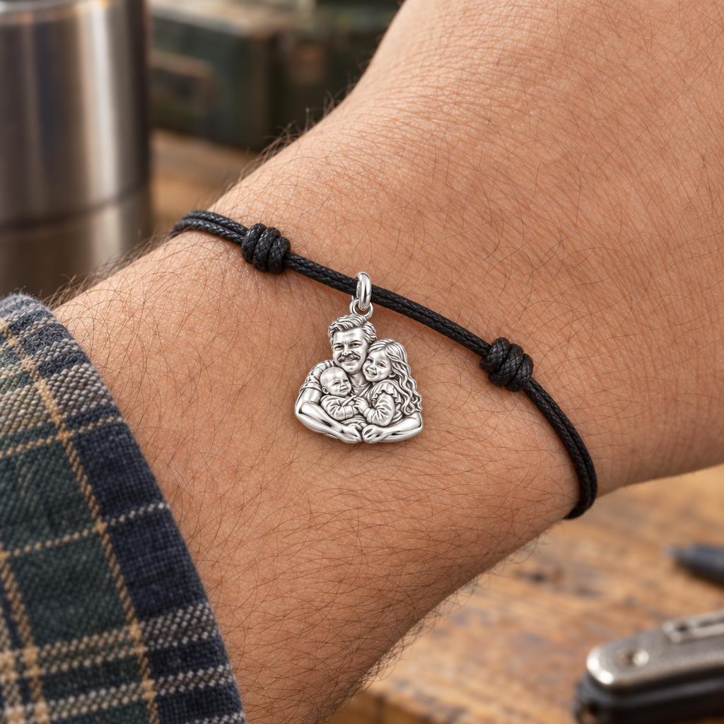 Silver Family Embrace Charm Bracelet – Personalized Dad Gift – worn on the wrist on a black cord bracelet