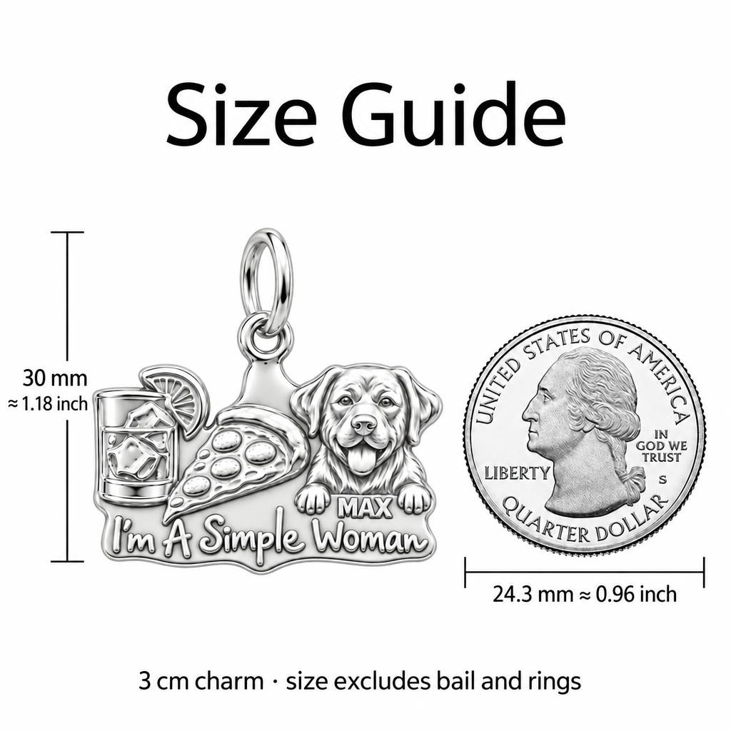 Simple Joys Pizza and Pet Charm Bracelet – Personalized Dog Mom Gift – size guide, 3 cm charm next to a quarter
