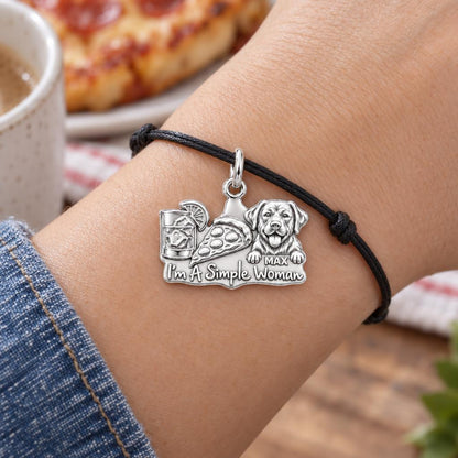 Simple Joys Pizza and Pet Charm Bracelet – Personalized Dog Mom Gift – worn on the wrist on a black cord bracelet