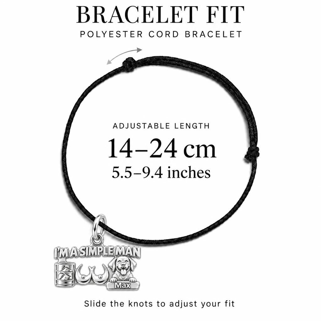 Simple Man Favorites Charm Bracelet – Personalized Man Gift – adjustable black cord bracelet, 14–24 cm