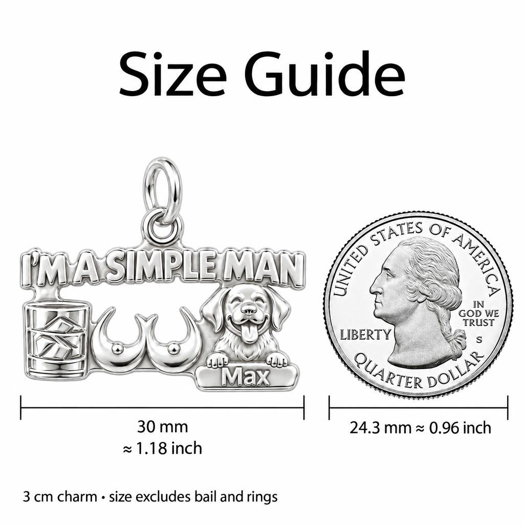 Simple Man Favorites Charm Bracelet – Personalized Man Gift – size guide, 3 cm charm next to a quarter