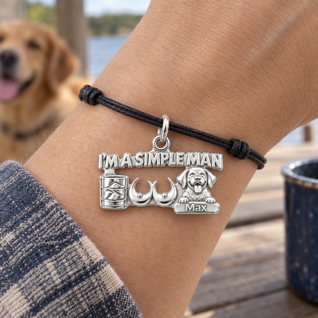 Simple Man Favorites Charm Bracelet – Personalized Man Gift – worn on the wrist on a black cord bracelet