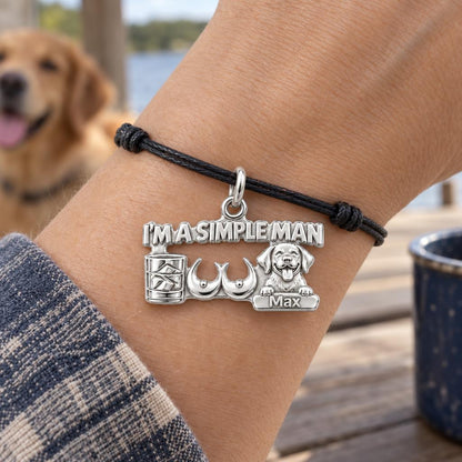 Simple Man Favorites Charm Bracelet – Personalized Man Gift – worn on the wrist on a black cord bracelet