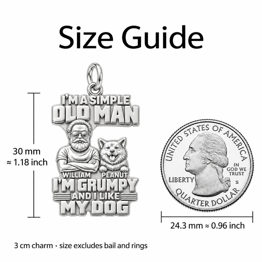 Simple Old Man Charm Bracelet – Personalized Dad Gift – size guide, 3 cm charm next to a quarter