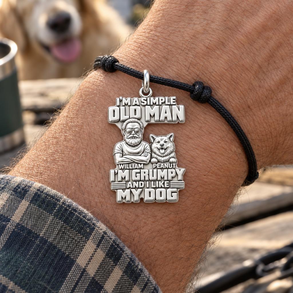 Simple Old Man Charm Bracelet – Personalized Dad Gift – worn on the wrist on a black cord bracelet