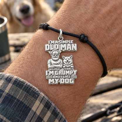 Simple Old Man Charm Bracelet – Personalized Dad Gift – worn on the wrist on a black cord bracelet