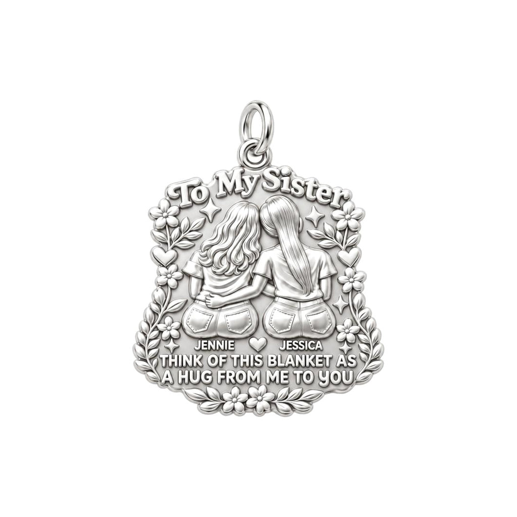 Sister Hug Blanket Charm Bracelet – Personalized Sister Gift – silver plated 3 cm charm, front view