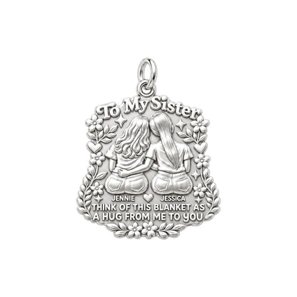 Sister Hug Blanket Charm Bracelet – Personalized Sister Gift – silver plated 3 cm charm, front view