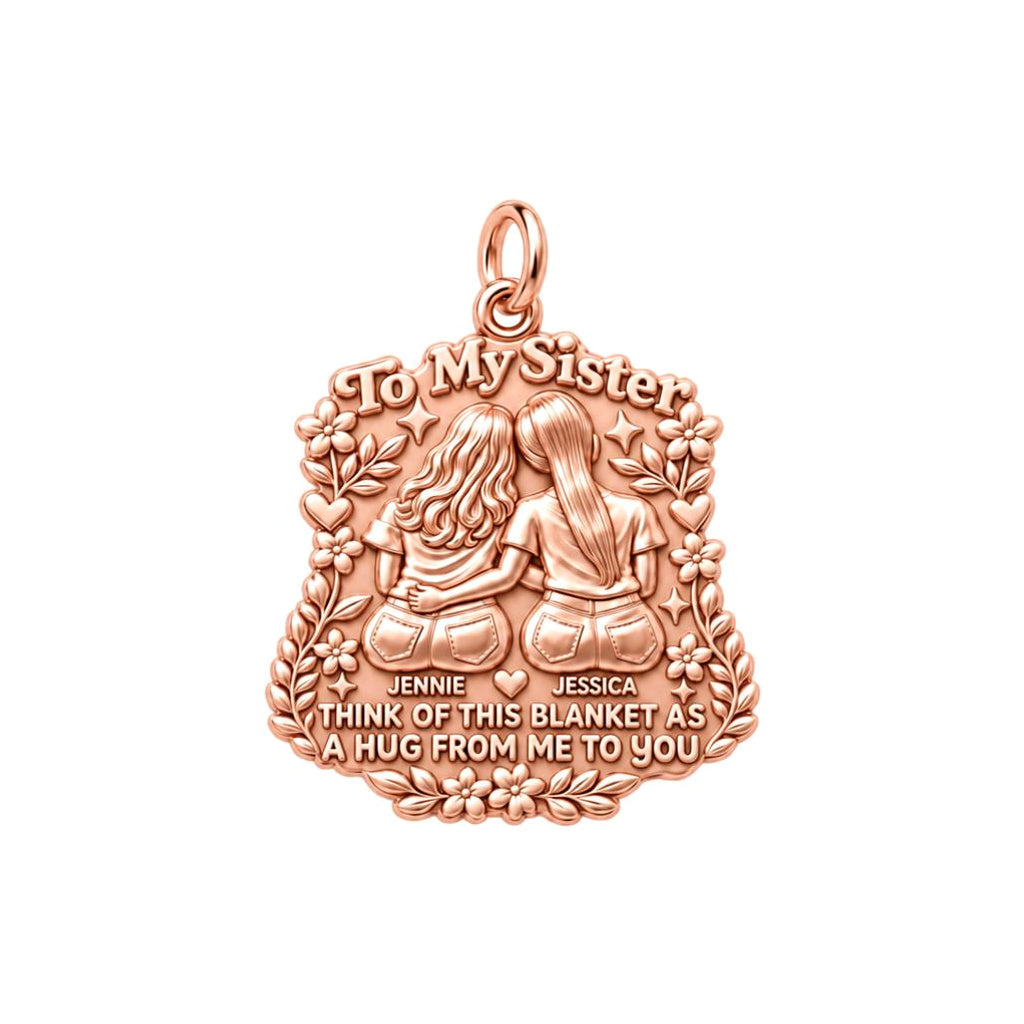 Sister Hug Blanket Charm Bracelet – Personalized Sister Gift – rose gold 3 cm charm, front view