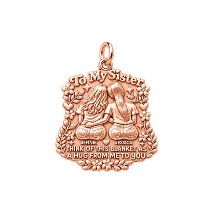 Sister Hug Blanket Charm Bracelet – Personalized Sister Gift – rose gold 3 cm charm, front view