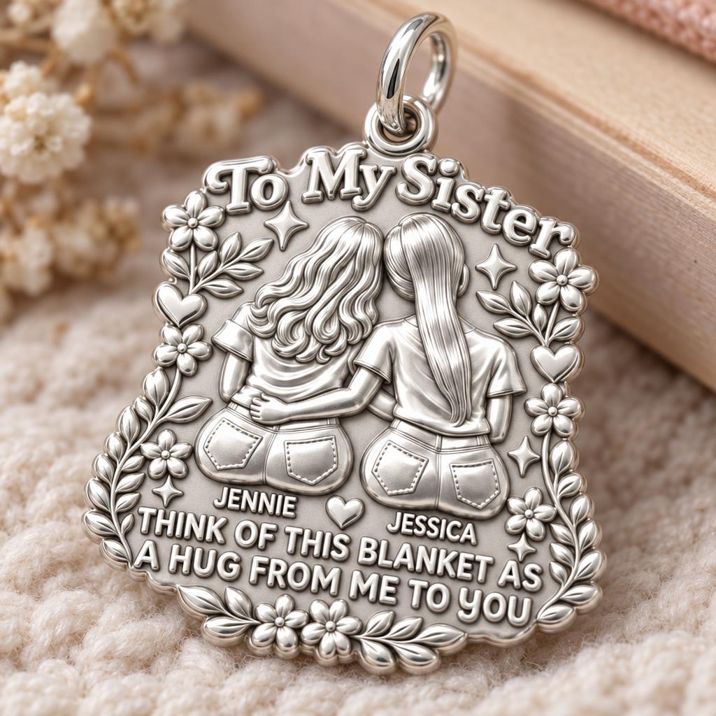 Sister Hug Blanket Charm Bracelet – Personalized Sister Gift – macro detail of the charm