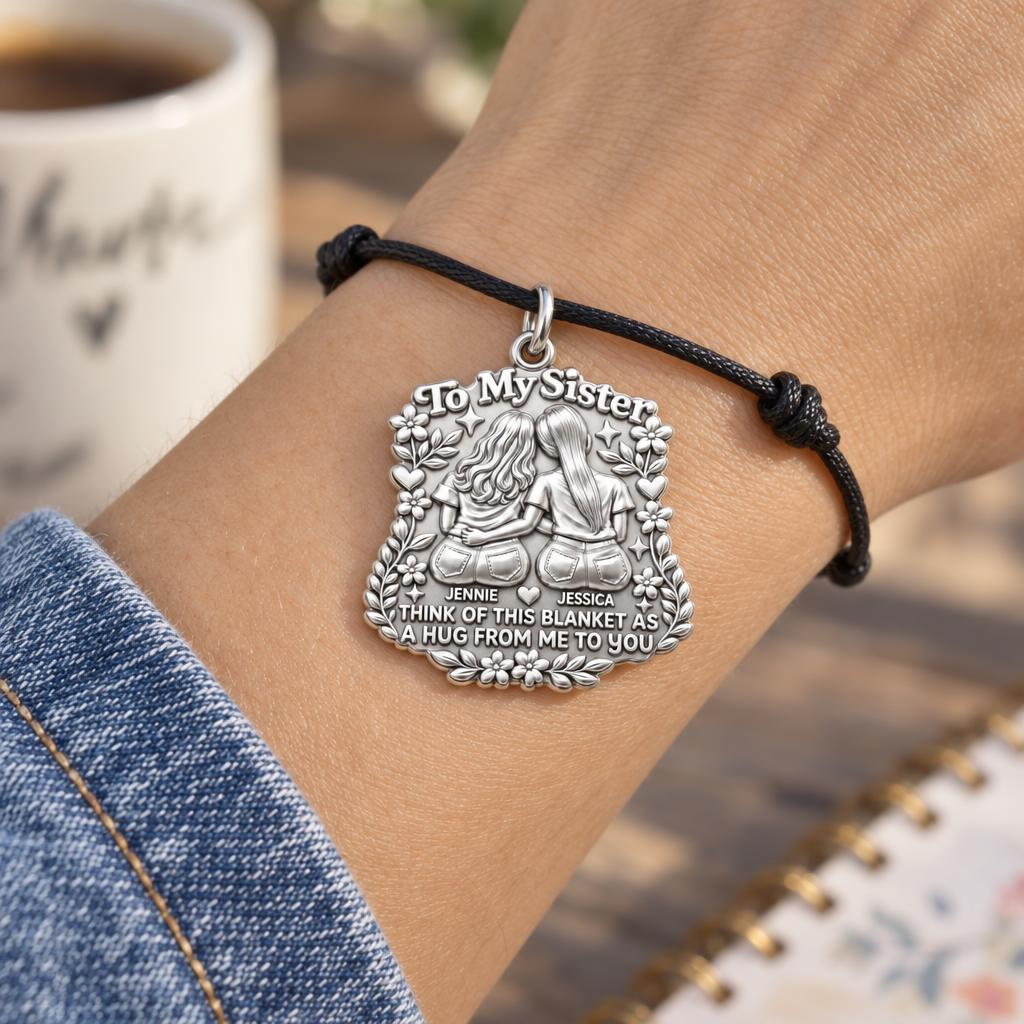 Sister Hug Blanket Charm Bracelet – Personalized Sister Gift – worn on the wrist on a black cord bracelet