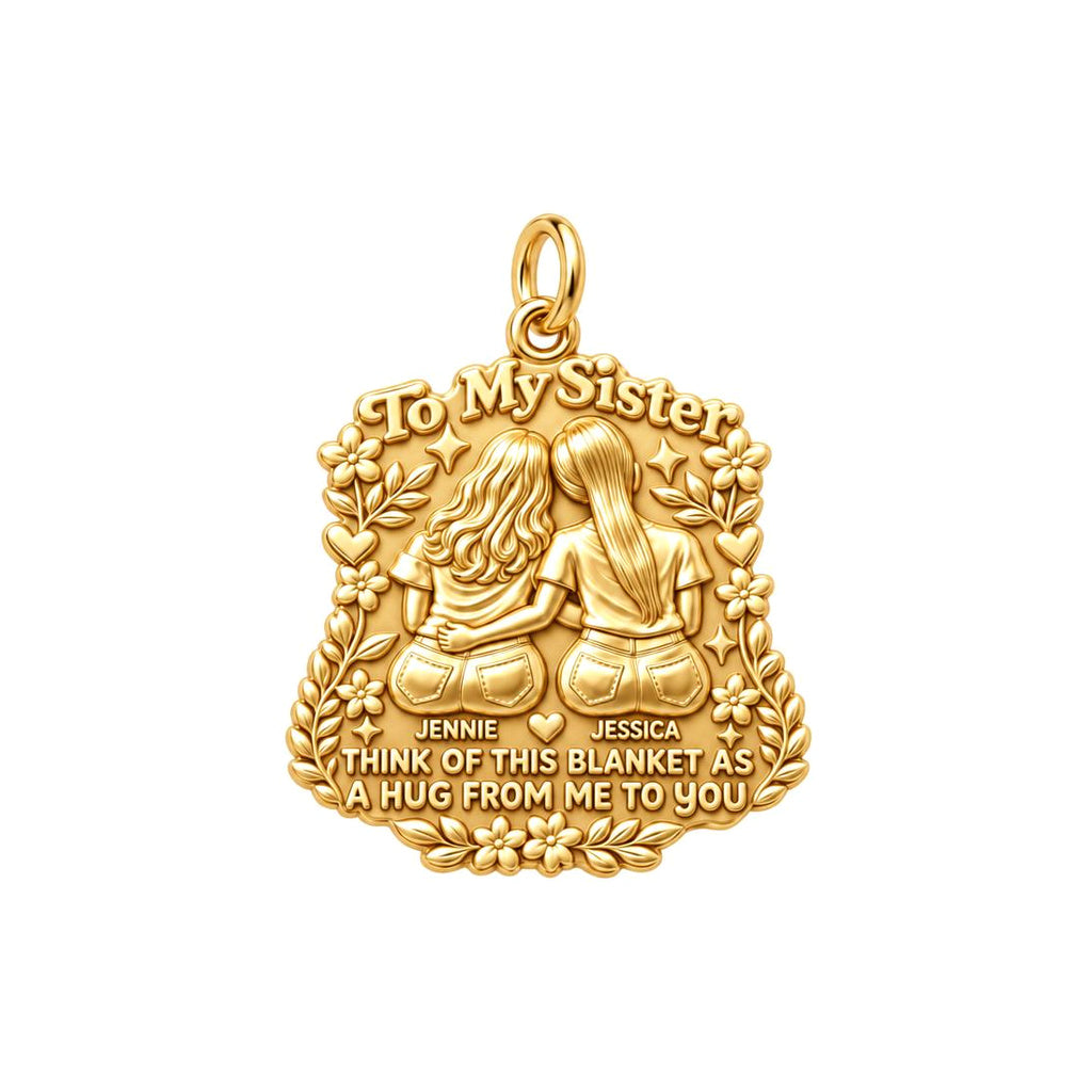Sister Hug Blanket Charm Bracelet – Personalized Sister Gift – 18K gold plated 3 cm charm, front view