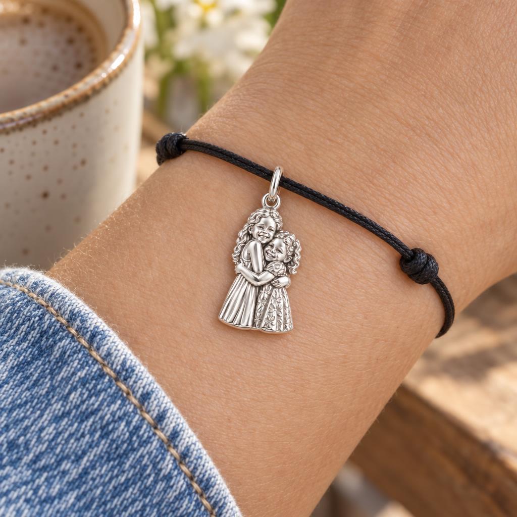 Sisterly Embrace Charm Bracelet – Personalized Mom Gift – worn on the wrist on a black cord bracelet