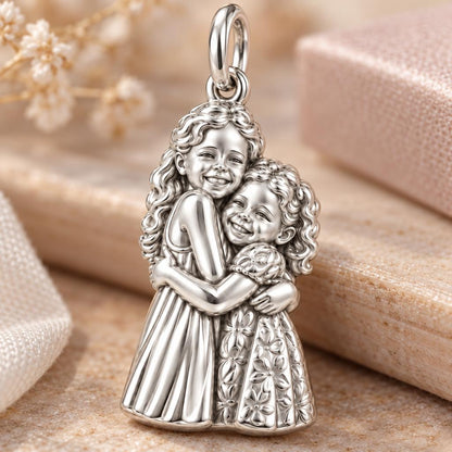 Sisterly Embrace Charm Bracelet – Personalized Mom Gift – macro detail of the charm