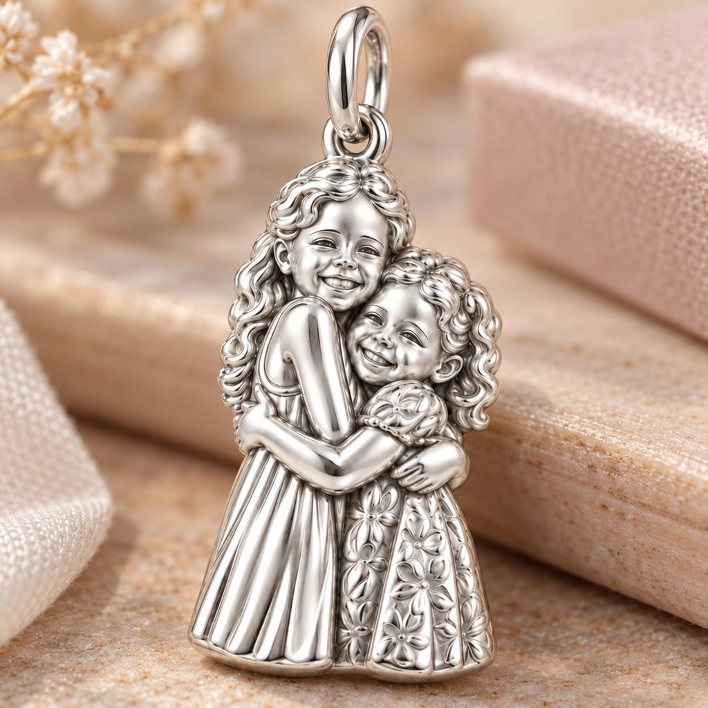 Sisterly Embrace Charm Bracelet – Personalized Mom Gift – macro detail of the charm