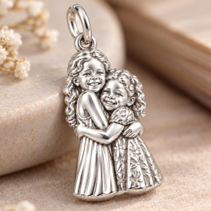 Sisterly Embrace Charm Bracelet – Personalized Mom Gift – macro detail of the charm