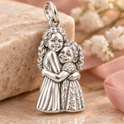 Sisterly Embrace Charm Bracelet – Personalized Mom Gift – macro detail of the charm