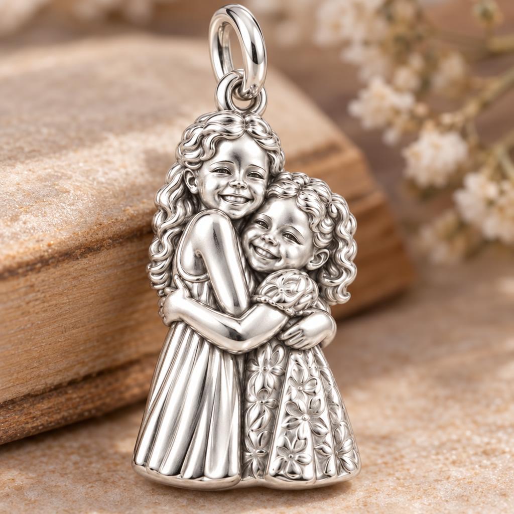 Sisterly Embrace Charm Bracelet – Personalized Mom Gift – macro detail of the charm