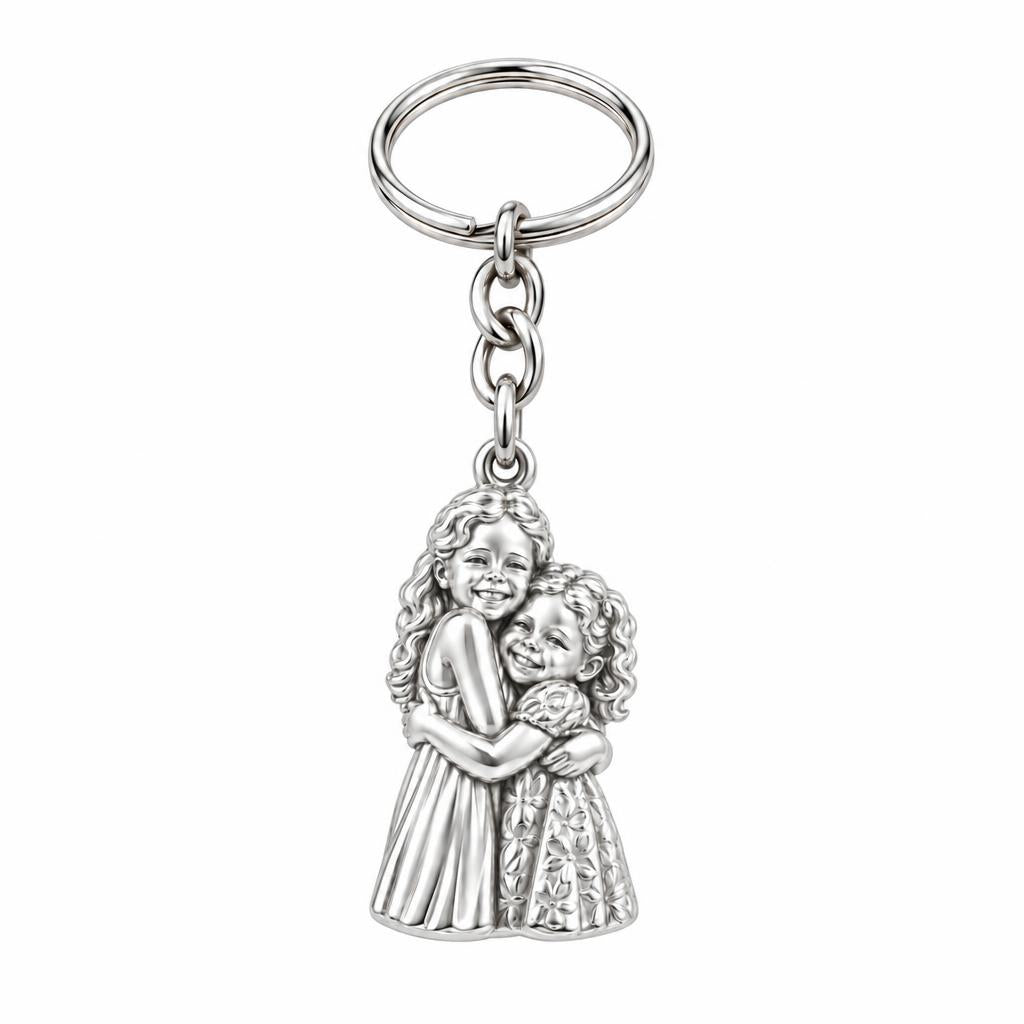 Sisterly Embrace Charm Keychain – silver, front view