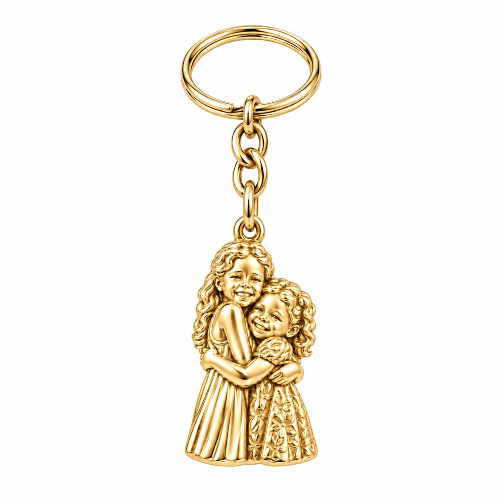Sisterly Embrace Charm Keychain – 18K gold, front view