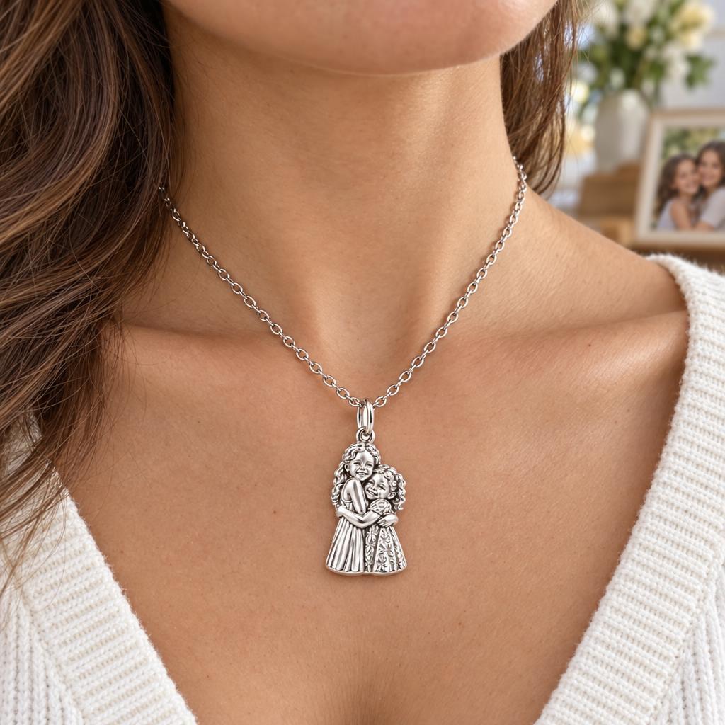 Sisterly Embrace Charm Necklace Set – worn / in use