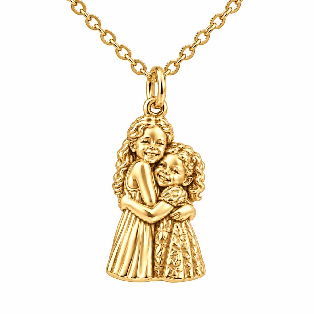 Sisterly Embrace Charm Necklace Set – 18K gold, front view