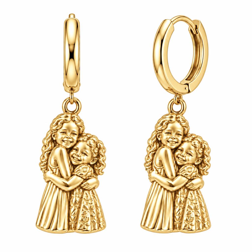 Sisterly Embrace Huggie Charm Earrings – 18K gold, front view
