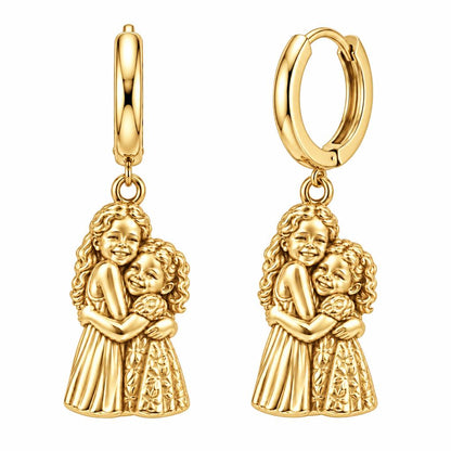 Sisterly Embrace Huggie Charm Earrings – 18K gold, front view