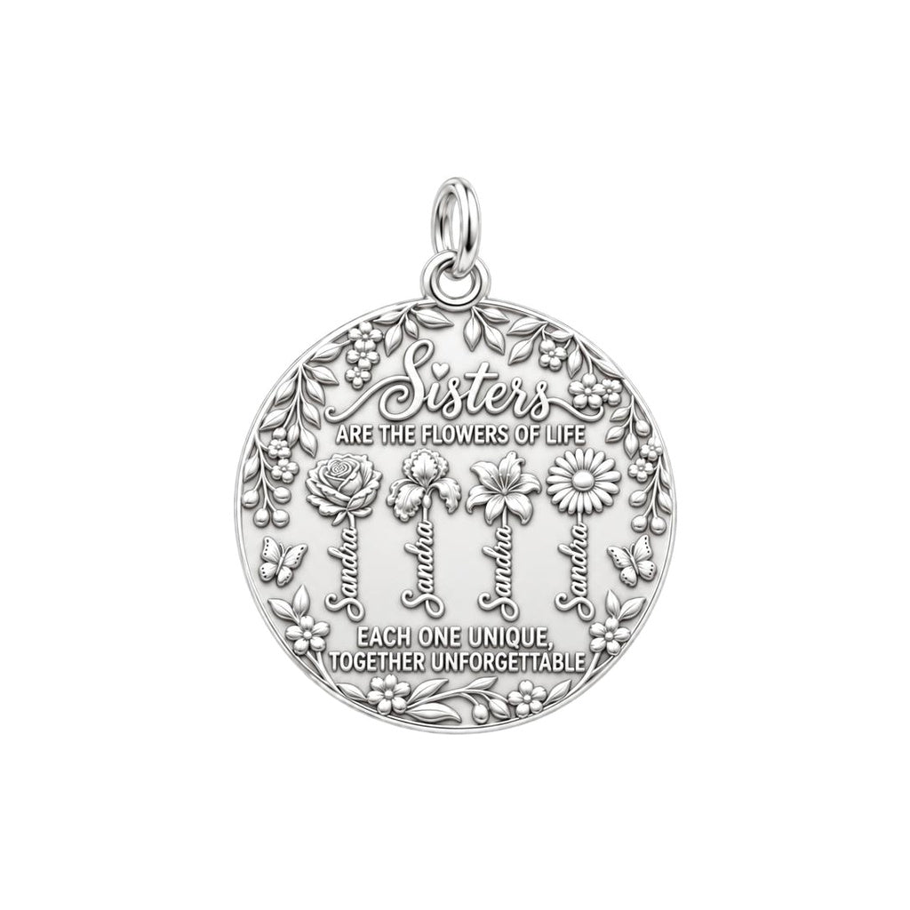 Sisters Are Flowers Charm Bracelet – Personalized Sister Gift – silver plated 3 cm charm, front view