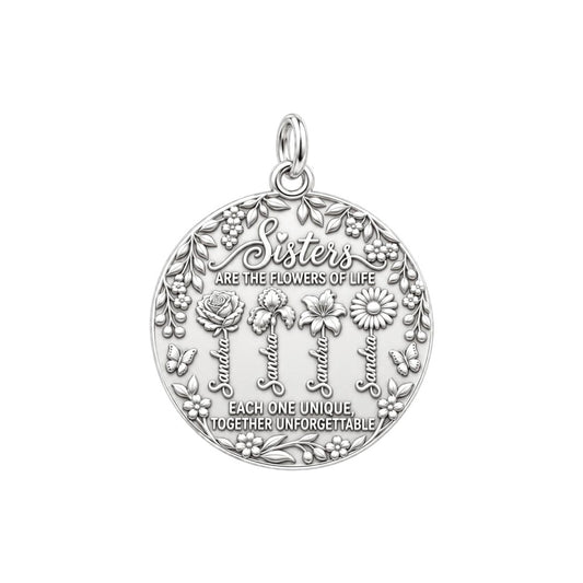 Sisters Are Flowers Charm Bracelet – Personalized Sister Gift – silver plated 3 cm charm, front view