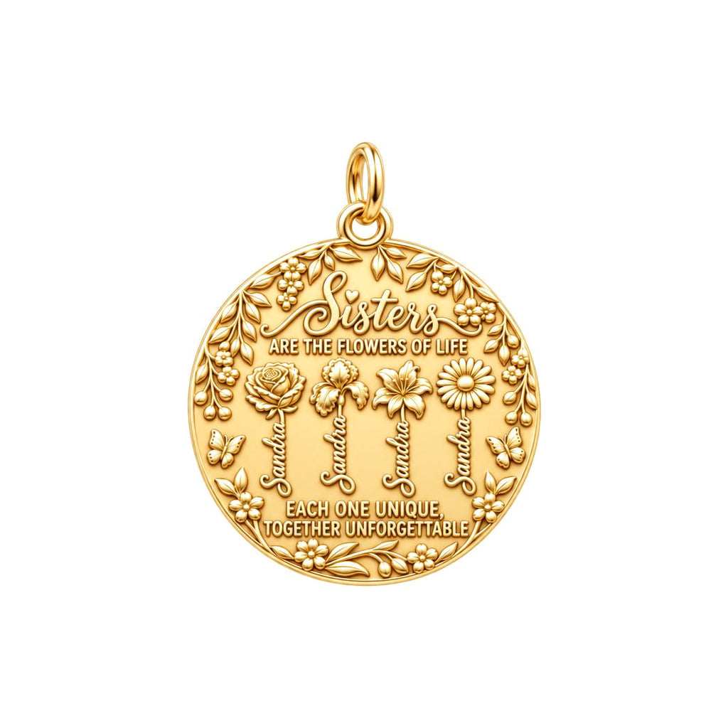 Sisters Are Flowers Charm Bracelet – Personalized Sister Gift – 18K gold plated 3 cm charm, front view