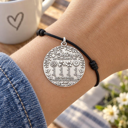 Sisters Are Flowers Charm Bracelet – Personalized Sister Gift – worn on the wrist on a black cord bracelet