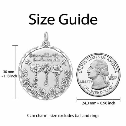 Sisters Garden Bloom Charm and Polyester Cord Bracelet Set – size guide, 3 cm charm next to a quarter