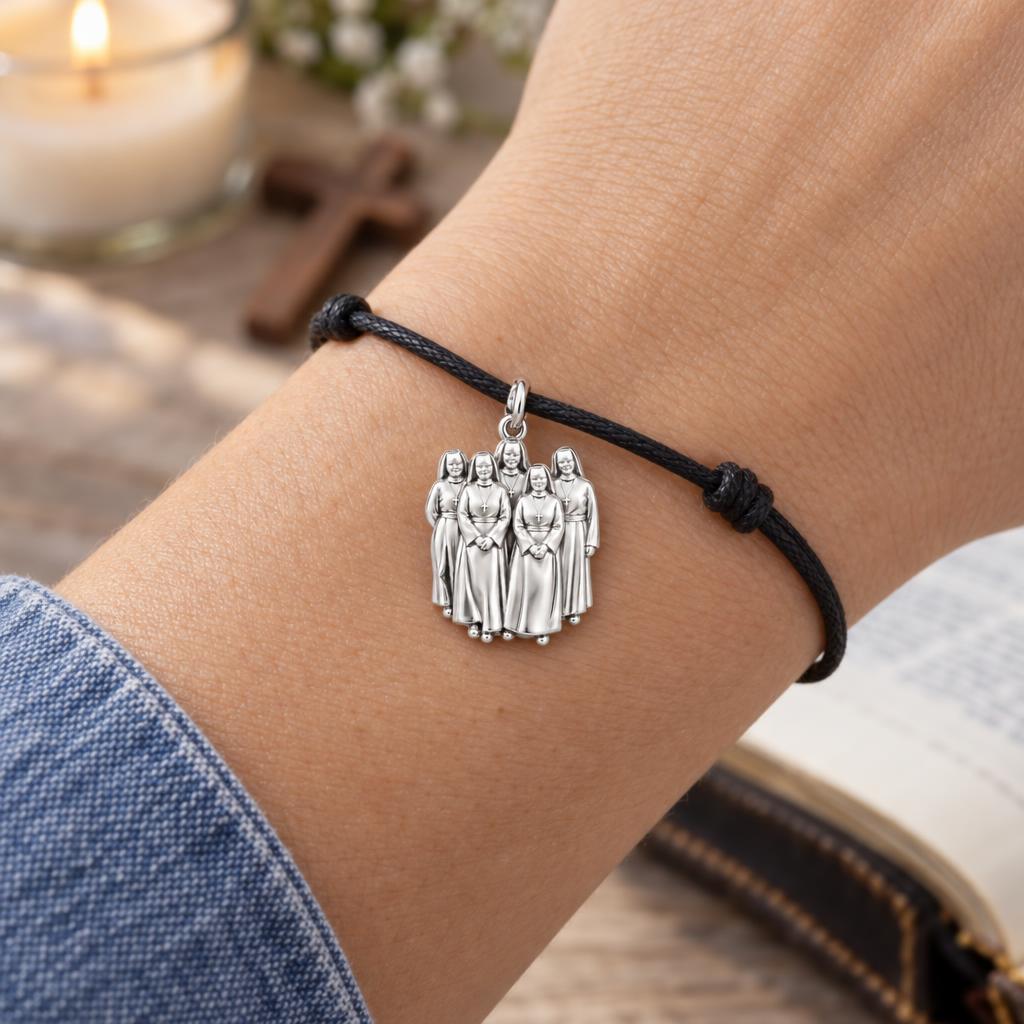 Sisters in Faith Charm Bracelet – Personalized  Photo Gift – worn on the wrist on a black cord bracelet
