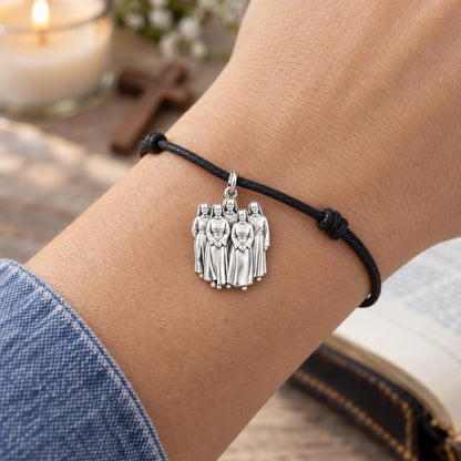 Sisters in Faith Charm Bracelet – Personalized  Photo Gift – worn on the wrist on a black cord bracelet