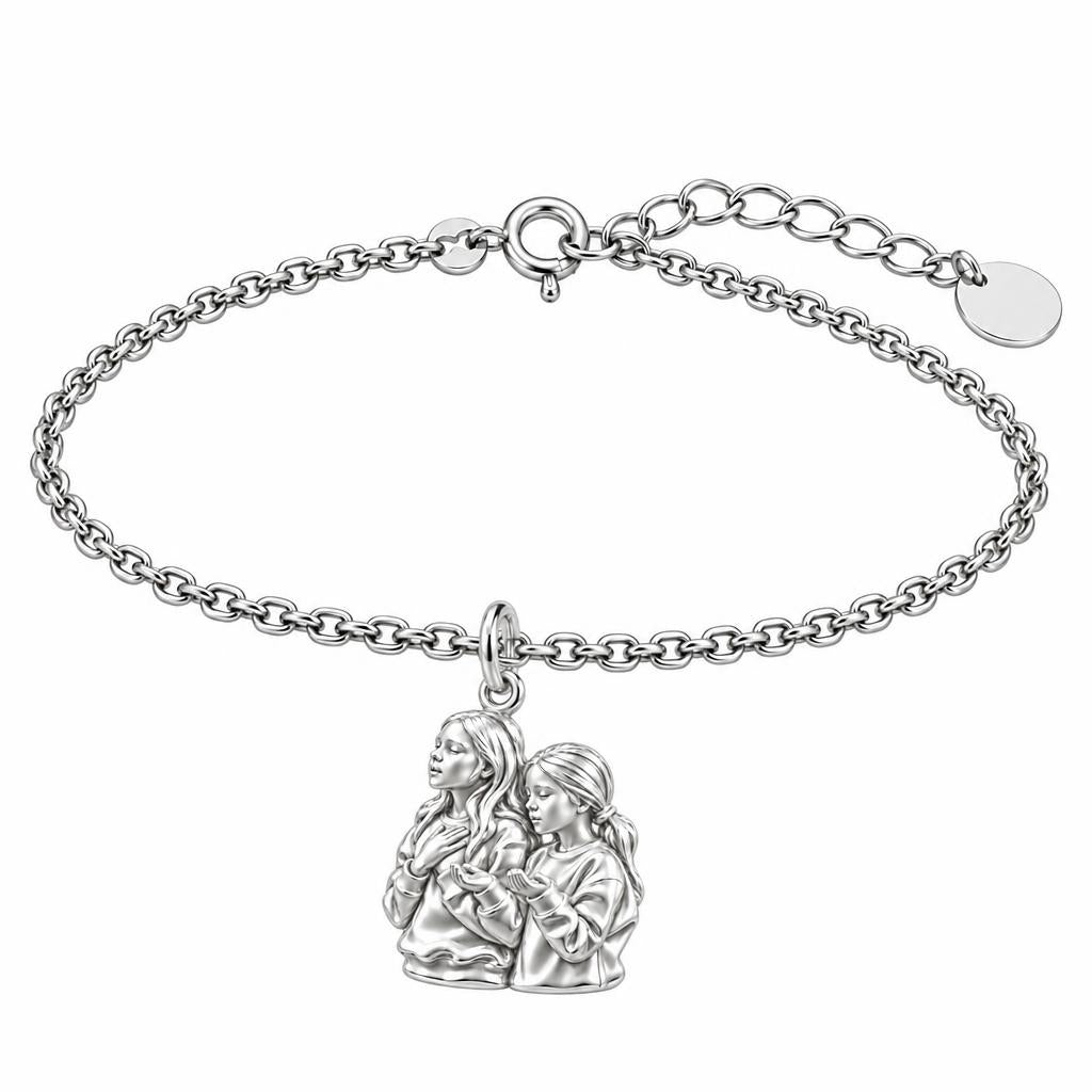 Sisters in Prayer Charm Bracelet Set – silver, front view