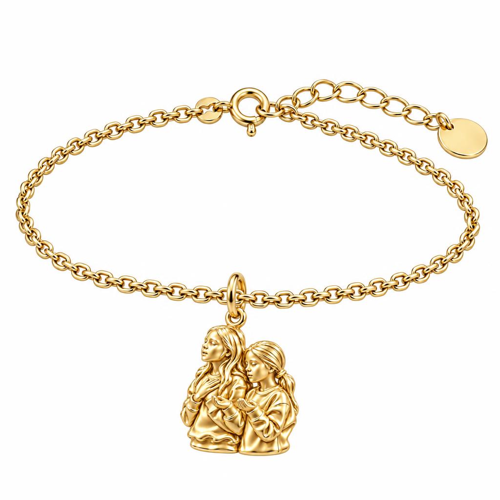 Sisters in Prayer Charm Bracelet Set – 18K gold, front view