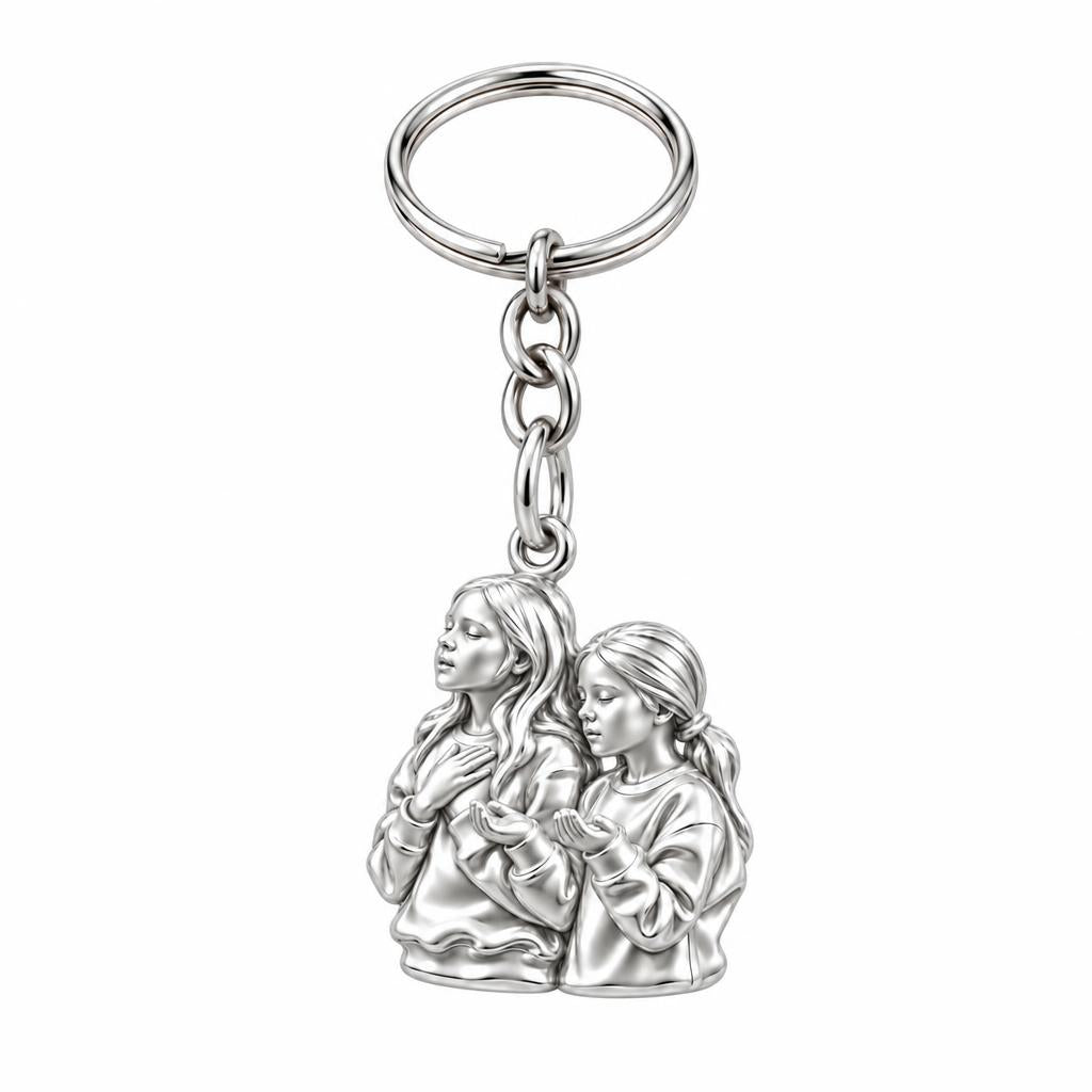 Sisters in Prayer Charm Keychain – silver, front view