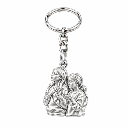 Sisters in Prayer Charm Keychain – silver, front view