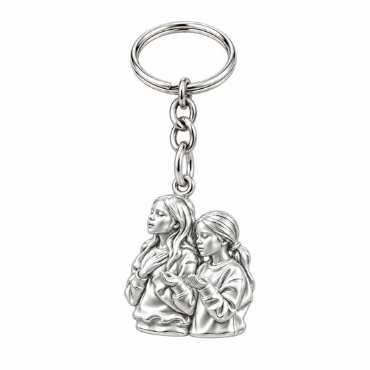 Sisters in Prayer Charm Keychain – silver, front view