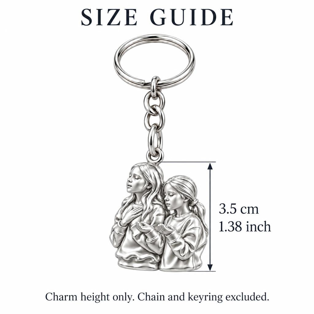 Sisters in Prayer Charm Keychain – size guide, 3.5 cm (1.38 in) charm, chain and keyring excluded