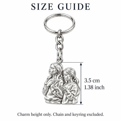 Sisters in Prayer Charm Keychain – size guide, 3.5 cm (1.38 in) charm, chain and keyring excluded