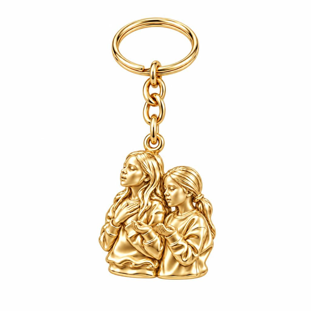 Sisters in Prayer Charm Keychain – 18K gold, front view