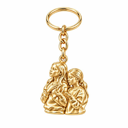 Sisters in Prayer Charm Keychain – 18K gold, front view