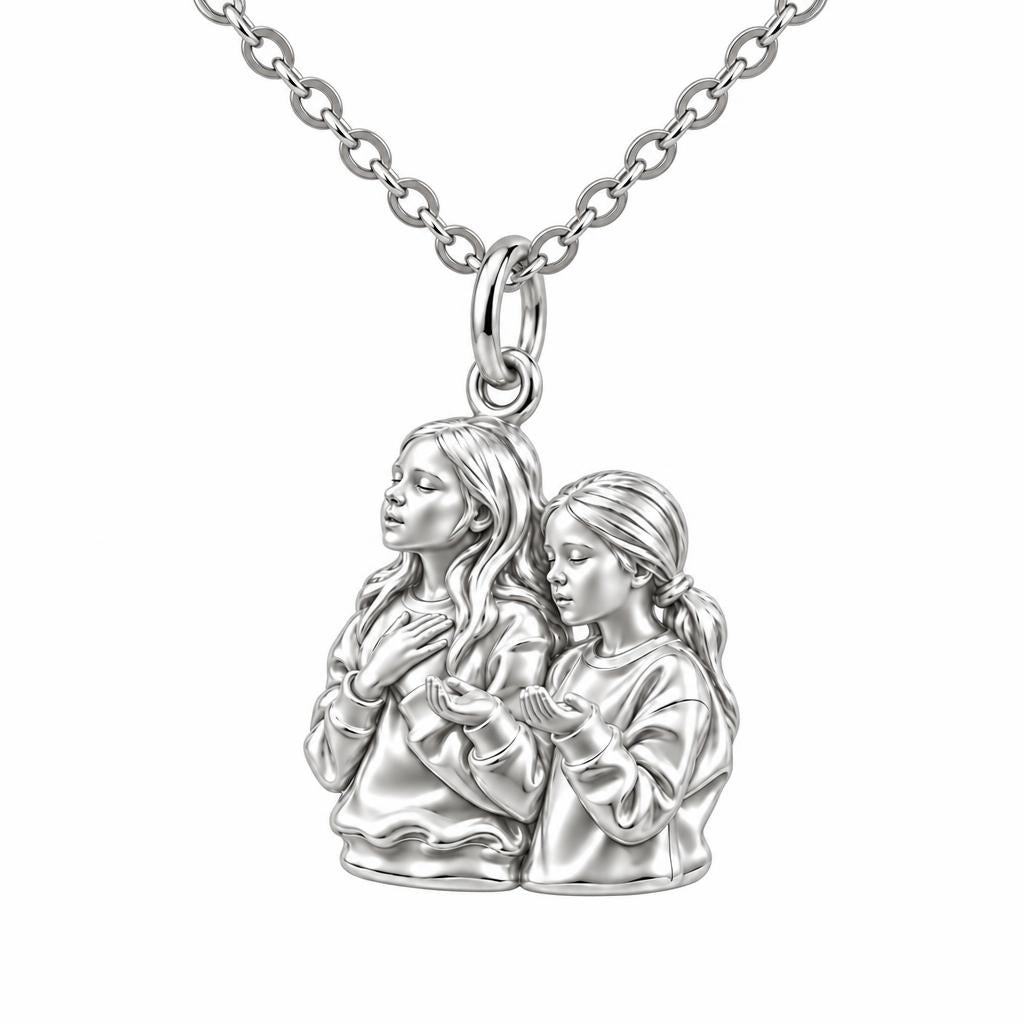 Sisters in Prayer Charm Necklace Set – silver, front view