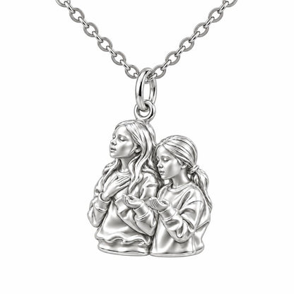 Sisters in Prayer Charm Necklace Set – silver, front view