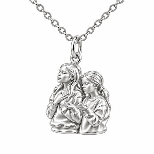 Sisters in Prayer Charm Necklace Set – silver, front view